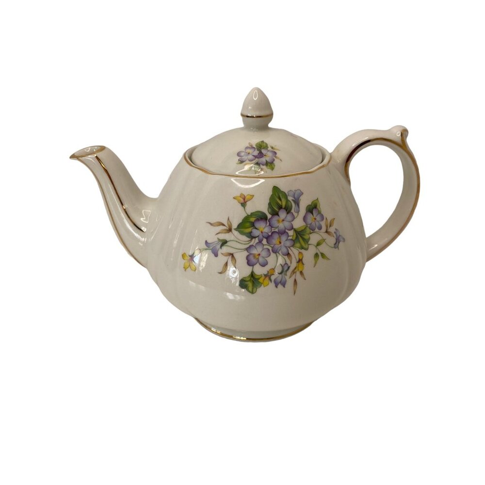 England violet ceramic teapot with lid gilded gold trim rounded floral 6"
